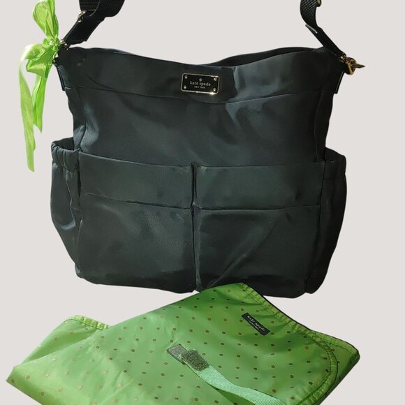 Kate Spade Nylon Large Spacious Diaper Bag Changing Pad Black Green Zipper - Picture 1 of 14